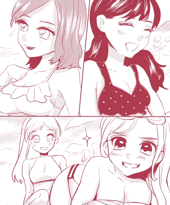 「きゃ～かわいい娘がいっぱいいるわぁ～❤️目のやり場に困るわね～～❤️ささっ、ナンパにいくわよっ!」
「はいはい(…あんたの露出度もけっこうなもんだけど…)」
7月1日は #海開き ✨
#百合で紹介する毎日の記念日 #創作百合 