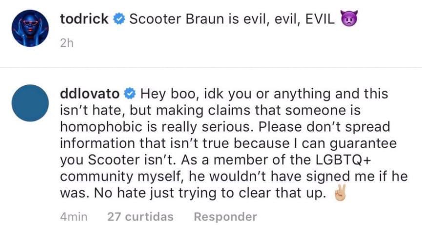 taylorswiftbr's tweet photo. Demi Lovato comentou em um post do Todrick no Instagram em que o artista acusa Scooter de ser homofóbico e ser uma pessoa ruim! A cantora disse que acusar alguém de homofobia é grave e que pode garantir que o Scooter não é homofóbico porque assinou com ela. https://t.co/IEfzSDDlz9