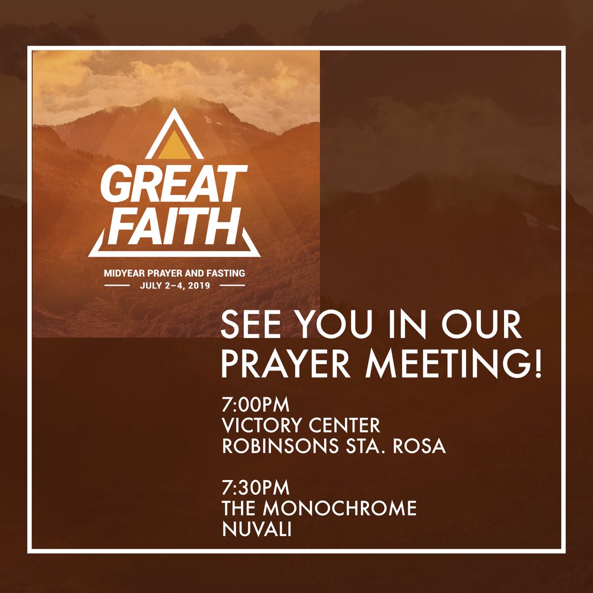VictoryStaRosa's tweet image. Come join us as we commit ourselves to a time of prayer and fasting on July 2-4. Let's believe God for great faith for the rest of 2019!

Join our daily prayer meetings:
7:00PM Victory Center, Robinsons Sta. Rosa
7:30PM The Monochrome, Nuvali

#ENFast2019 #GreatFaith