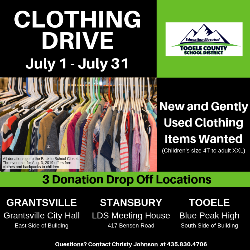 tooeleschools's tweet photo. Starting July 1  through July 31, three locations will be accepting donations of new and gently used clothing for the Aug. 3rd Back to School Closet.  Clothes ranging from sizes 4T to adult XXL are wanted. Contact Christy Johnson at 435.830.4708 with questions. #teamtcsd https://t.co/rmYXt5xn9I