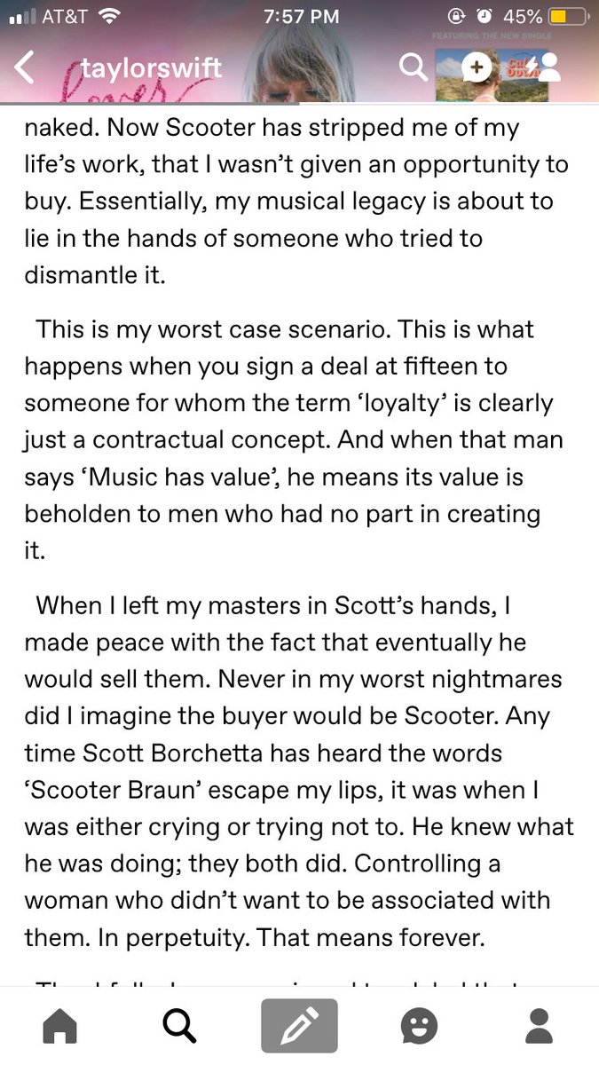 dontblamejeana's tweet image. my heart hurts today. artists should be able to own their own music, and the fact that this isn’t happening is so so wrong. Scott, making Taylor “earn” her albums one by one in exchange for six more is not opening giving them back as you say you were. sick. #WeStandWithTaylor