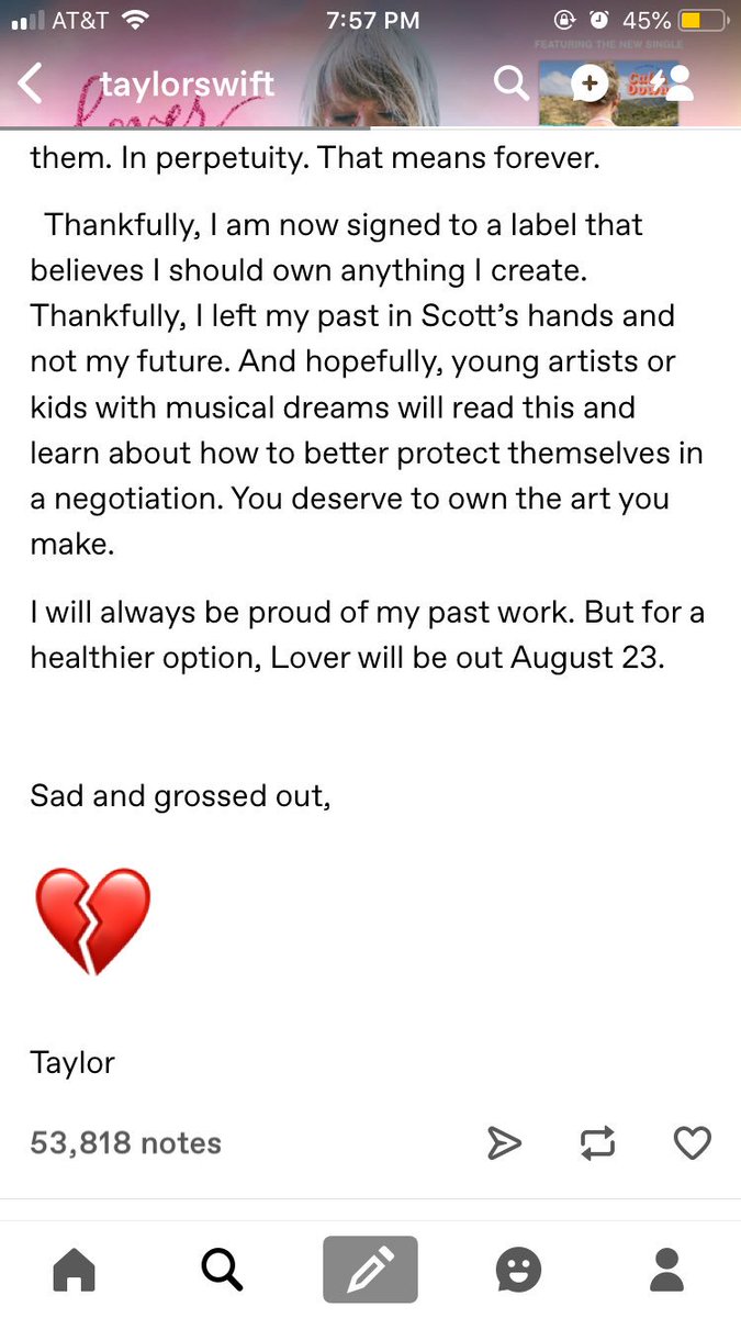 dontblamejeana's tweet image. my heart hurts today. artists should be able to own their own music, and the fact that this isn’t happening is so so wrong. Scott, making Taylor “earn” her albums one by one in exchange for six more is not opening giving them back as you say you were. sick. #WeStandWithTaylor