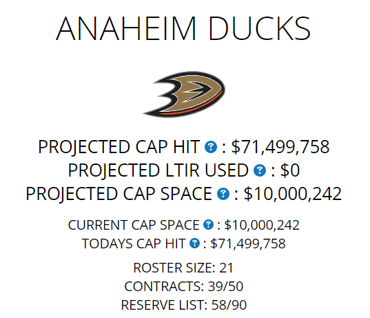 anaheim ducks cap space