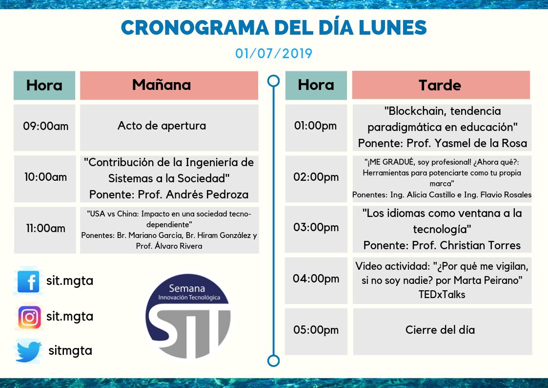 sitmgta's tweet photo. ¡Ya mañana empezamos con todo! 🙌🔥🎉 Por acá el Cronograma de Actividades de la #SIT2019 para este lunes 01/07/19, a realizarse en @somosunimar

¡Entrada gratuita! Regístrate en: https://t.co/MSA2XOD1tl

#cronograma #tecnologia #innovacion #ciencia #evento #mgta #vzla #tech #now https://t.co/Pp3nNwIeAu