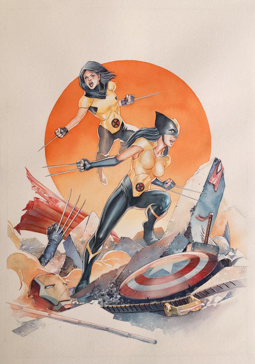 hce_23's tweet photo. A couple of amazing collaborative X-23 commissions I got with lineart by @gastonnyart and watercolors by elfandiary. 🤯😍👌 #x23 #laurakinney #gabby #honeybadger #xmen #allnewwolverine https://t.co/kW1MlrlPCQ