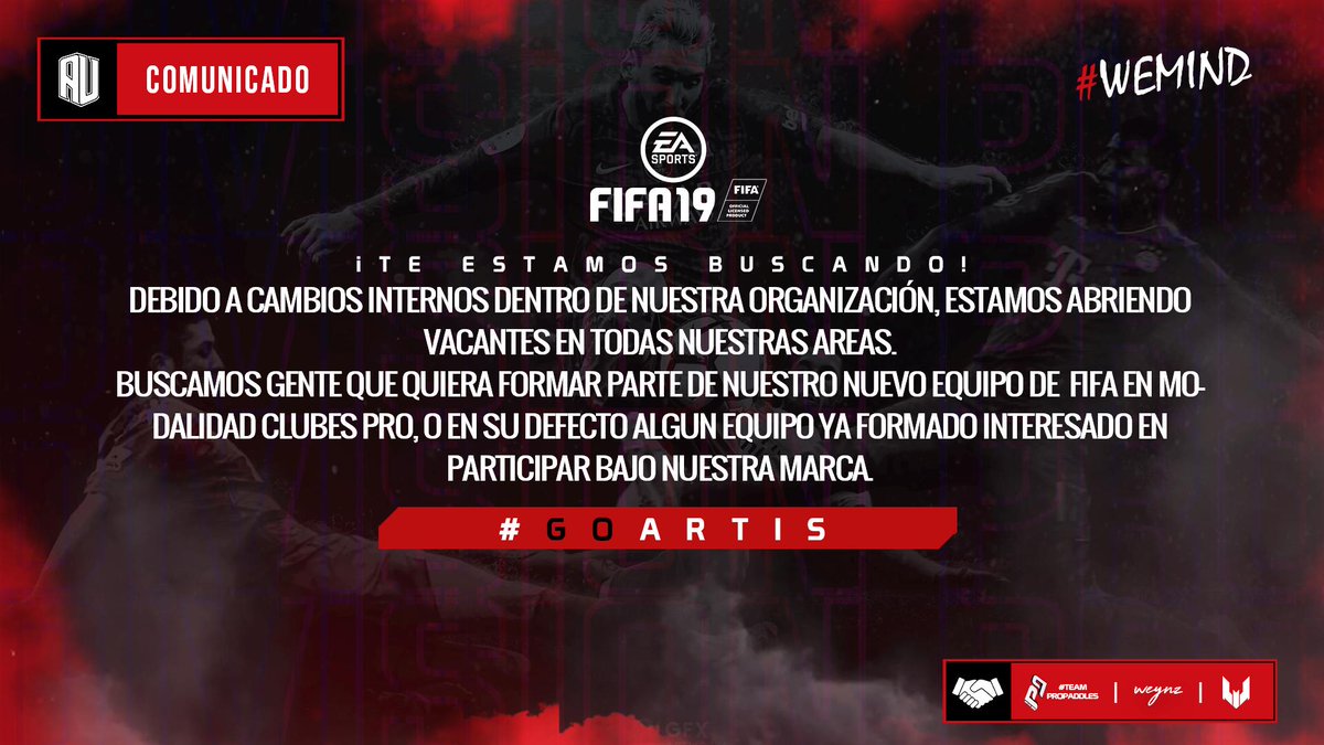 WE ARE BACK🧠

Para todos aquellos aficionados de @FIFA19 y todas las figuras del modo Clubes PRO. Abrimos nuestras vacantes para formar parte de nuestro equipo, ya sea de forma individual o equipos ya formados.

📩artisu.contacto@gmail.com
@FUFVeSports @IESA_Chile <a href="/anfv_chile/">ANFV CHILE</a>