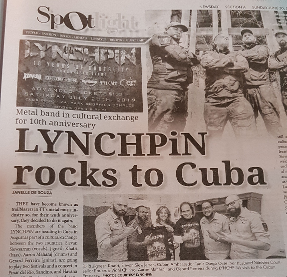 lynchpintt's tweet photo. LYNCHPiN rocks to Cuba, featured on today's Sunday Newsday! Photo credit @nikophoto
Don't forget our upcoming fundraiser and 10 year anniversary Saturday 20th July 2019 at @clubreign
#caribbeanbrutality #TrinidadandTobago
 https://t.co/HiXMDO70fY https://t.co/sxihH0YdXB