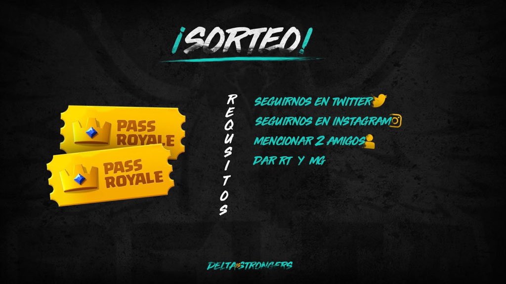 ¡SORTEO! 🎉🎁

Se acerca una nueva actualización y con ella sorteamos 2  Pass Royale. 🤩

Requisitos:
- Seguirnos (<a href="/DeltaStarsGG/">Delta Stars</a>) 🐦
- Seguirnos en Instagram (<a href="/DeltaStarsGG/">Delta Stars</a>) 🤳🏼
- Etiquetar a 2 amigos 👥
- Dar Rt y Fa ❤🔂

Los ganadores se daran 2 horas ante de que termine.