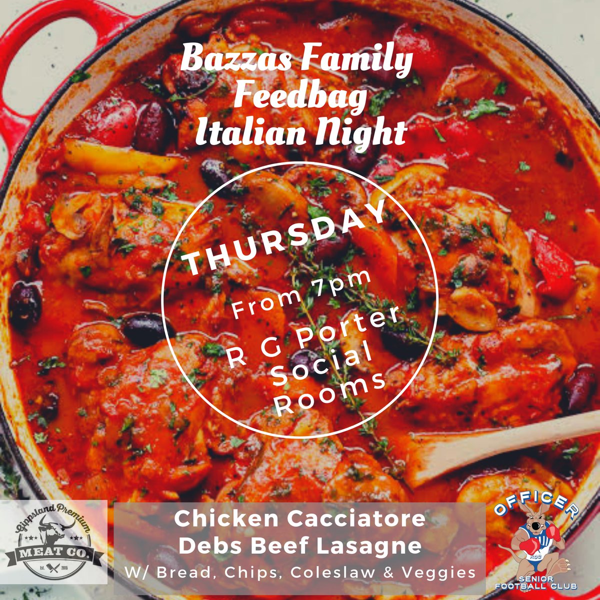 OfficerSFC's tweet image. It’s Italian Night at the Feedbag this Thursday and Chef Baz has something special organised

- Chicken Cacciatore
- Deb’s Beef Lasagne

Served with Bread, Chips, Coleslaw and Veggies

All for just $13
