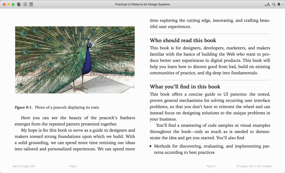 Screenshot of Practical UI Patterns for Design Systems by Diana MacDonald in iBooks, showing a photo of a peacock displaying its train.