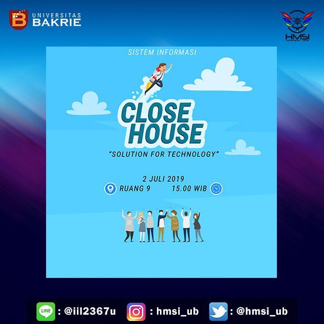 CLOSE HOUSE HMSI-UB 2018/2019

🗓 TUESDAY, JULY 02th 2019
⌚️ 15.30 - end
🏠 R09 Universitas Bakrie

Come and join with us, make a remember with us and see you there guys! And don't miss it !

don't forget to follow our instagram <a href="/hmsi_ub/">HMSI Univ. Bakrie</a>
instagram.com/hmsi_ub