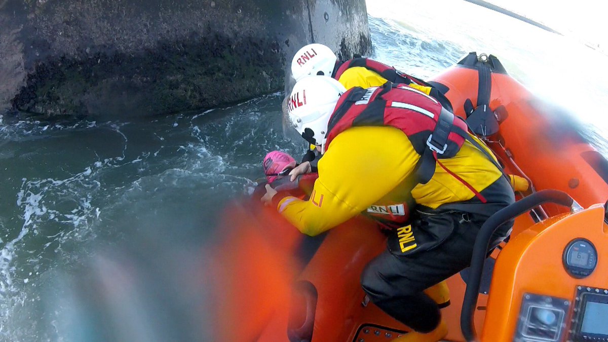 Our Atlantic 85 rescued a swimmer caught in a strong current at the end of the pier on Sunday evening. Our crew were alerted to the incident by fishermen calling for help as we washed down the lifeboat from an earlier callout #SavingLivesAtSea