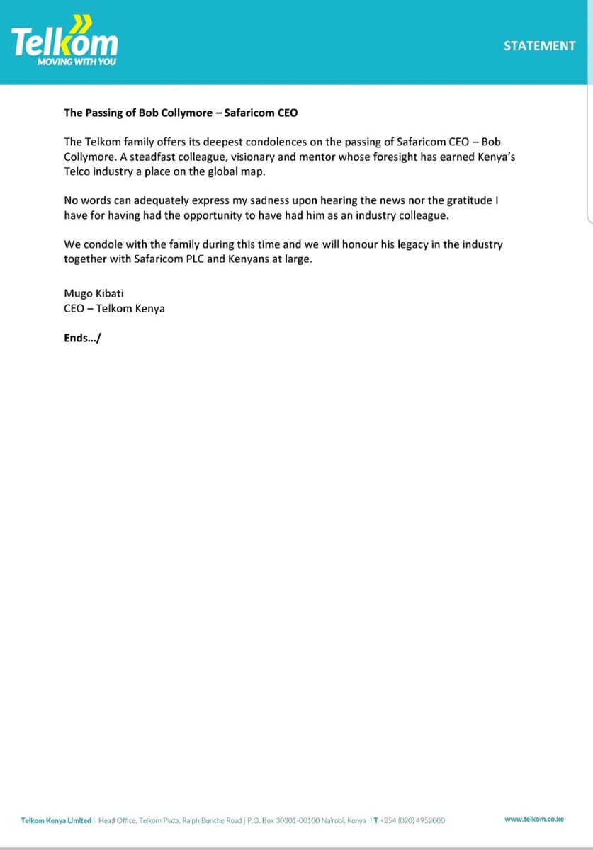 The Telkom family offers its deepest condolences on the passing of Safaricom CEO – Bob Collymore. A steadfast colleague, visionary and mentor whose foresight has earned Kenya’s Telco industry a place on the global map.