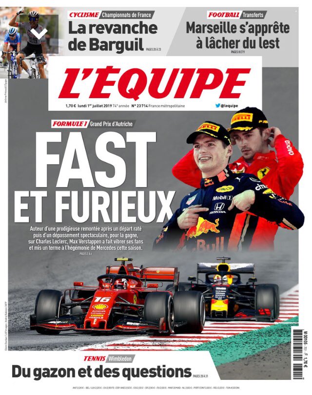 erikbielderman's tweet photo. La @F1 à la une de @lequipe 😜 ce lundi après la remontée fantastique de @Max33Verstappen #4pages #Walkyrie https://t.co/23oJanUxIB