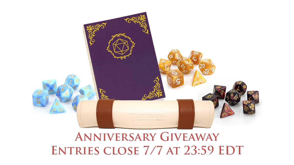 Time for our #Anniversary #Giveaway! Win a set of <a href="/dieharddice/">Die Hard Dice</a> and Scroll of Rolling, and a 5e <a href="/materialcom/">Material Components</a> HeroBook. To enter:
- Like this tweet
- Retweet this tweet
- Follow us!
Check out our Facebook and Instagram for more chances. Rules below.