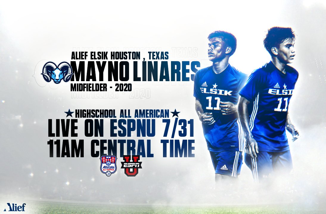 ElsikSoccer's tweet photo. Mayno Linares has been selected to play in the 1st ever High School @AllstateCup All-American Soccer Game July 31st 11am on @ESPNU coached by @TaylorTwellman!  @Mayno11 will represent the city @HoustonTX, @AliefISD @ElsikHighSchool, @ElsikSoccer !
Photo Credit @YikesItsEdward https://t.co/GA6HGdcETr
