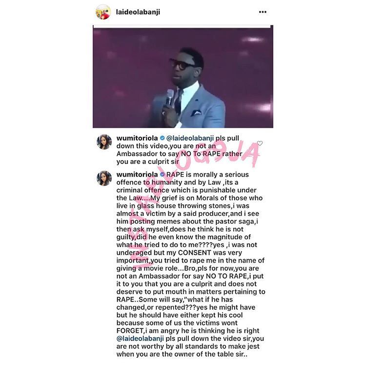 Alleged Rape: Actress #WumiToriola calls out film director #LaideOlabanji after he trolled pastor #Fatoyinbo ezytalkz.com/entertainment/…