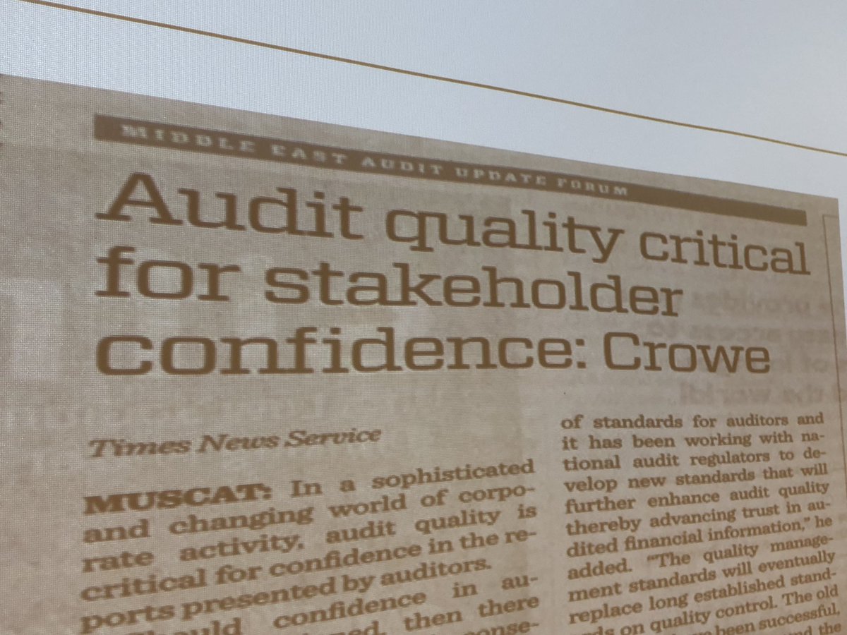 davidwkchitty1's tweet photo. Welcome to day 2 @CroweGlobal #MiddleEast #Audit #Accounting Update #Muscat - opening with our comments in #Oman #media about #auditquality &amp; proposed new standards from @IAASB_News - acting in the #publicinterest &amp; building #trust #CroweAudit https://t.co/45pSDuHOuI