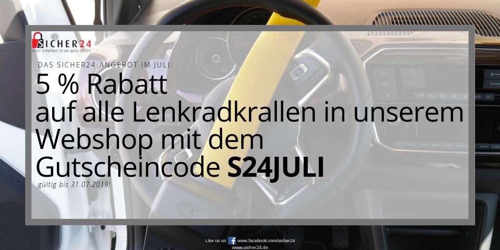 Das #SICHER24 Rabattschnäppchen im #Juli:
5% #Discount auf alle unsere Lenkradkrallen im #Shop mit dem Rabattcode. Jetzt zugreifen! Gibt's hier: sicher24.de/lenkradkrallen… - Werbung -
#sicherheitgehtvor #safetyfirst #rabatt #aktion #MEM #MasterLock #auto #zubehör #carsafety #lenkrad
