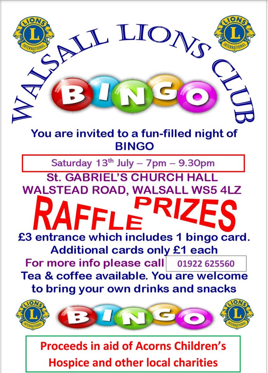Just under 2 weeks until the next fun filled Bingo night held by <a href="/WalsallLions/">Walsall Lions Club</a> . Some of the proceeds are going to <a href="/AcornsHospice/">Acorns Children's Hospice</a> - a charity close to our ❤and so deserving. Hope you can make it. Lots of lovely prizes to be won. Contact @carisamcoley for more info. #charity