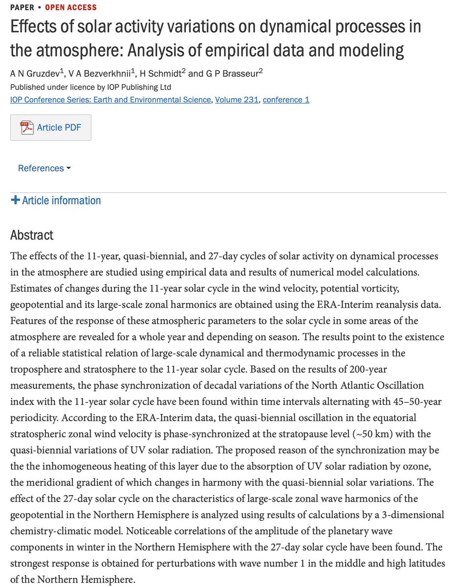 WWeijari's tweet image. A study in 2019 finds solar activity influencing dynamic and thermodynamic processes in the atmosphere. &quot;Estimates of changes during the 11-year solar cycle in the wind velocity, potential vorticity... iopscience.iop.org/article/10.108… #solarforcing #climatechange