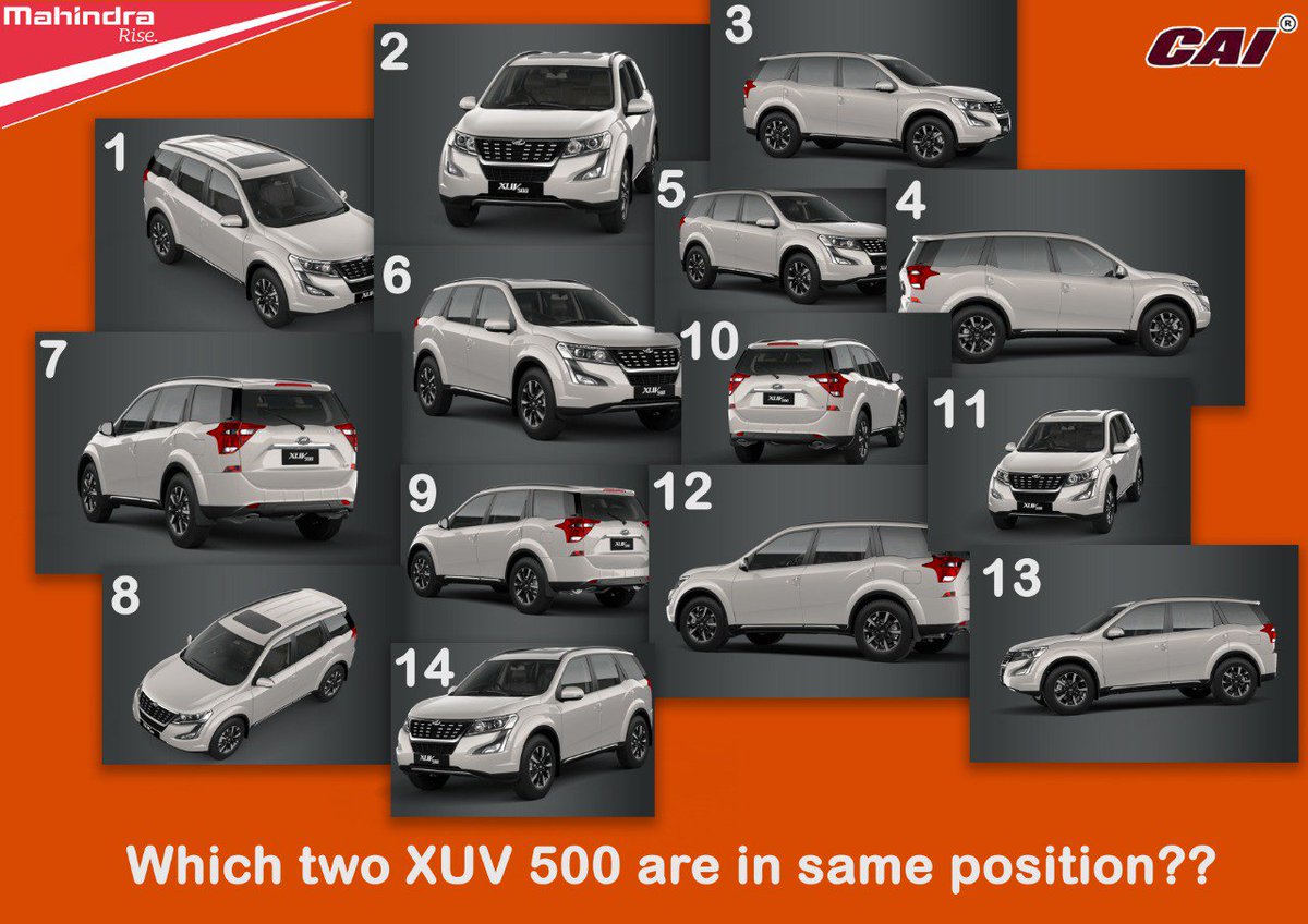 caimahindra's tweet image. Here Which Two #XUV500 are Kept in #SamePosition!!
Try Finding the Correct One?? Comment Your Answer Below👇!!
Visit: bit.ly/2X4L70Z. 
Follow @caimahindra
