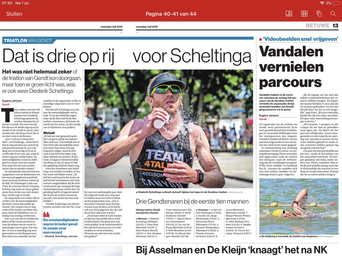 De day after #TriathlonGendt betekent <a href="/dgbetuwe/">De Gelderlander</a> lezen, materiaal opruimen en de eerste evaluatie. #Atleten die spullen verloren of kwijt zijn. Kom vanavond tussen 19.00 en 20.00u naar #SportparkWalburgen, Hok 40 bij het zwembad.