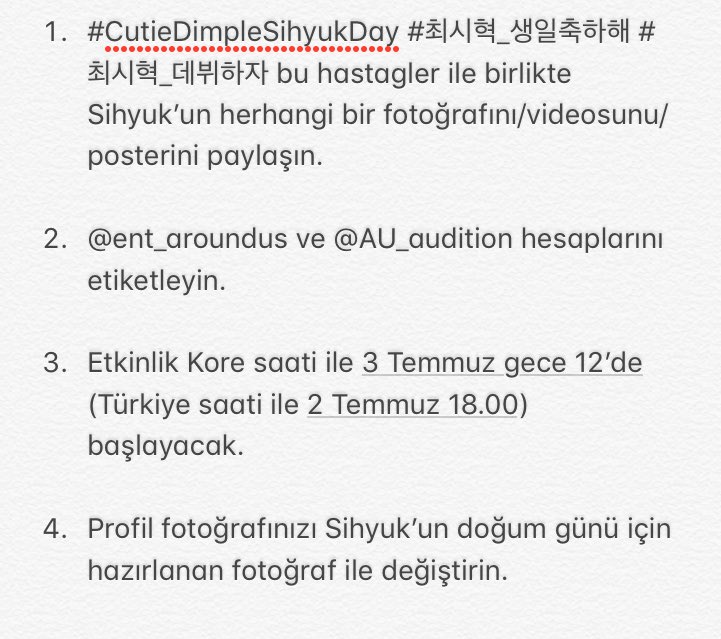 AUTraineeTR's tweet photo. Herkese merhaba! 👋🏻

@autrainee_ ve @darkgreyballoon Choi Sihyuk’un doğum gününü kutlamak için küçük bir etkinlik hazırlamış. Eğer katılmak isterseniz aşağıda yazan kuralları takip etmelisiniz.

#CutieDimpleSihyukDay #최시혁_생일축하해 #최시혁_데뷔하자 #최시혁 #ChoiSihyuk https://t.co/fwCIUdRzAJ