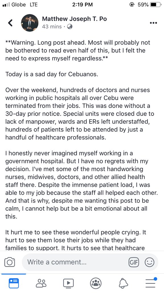 Syedush's tweet photo. A friend posted this on Facebook. He’s one of the many HCPs who got axed by the Cebu prov govt with a mere 3 days notice. The reason for mass termination? The Cebu govt believes the hospitals are overstaffed. But are they? If u’ve ever been in a govt hosp, u’d know they’re not. https://t.co/KiwFLxwcrK