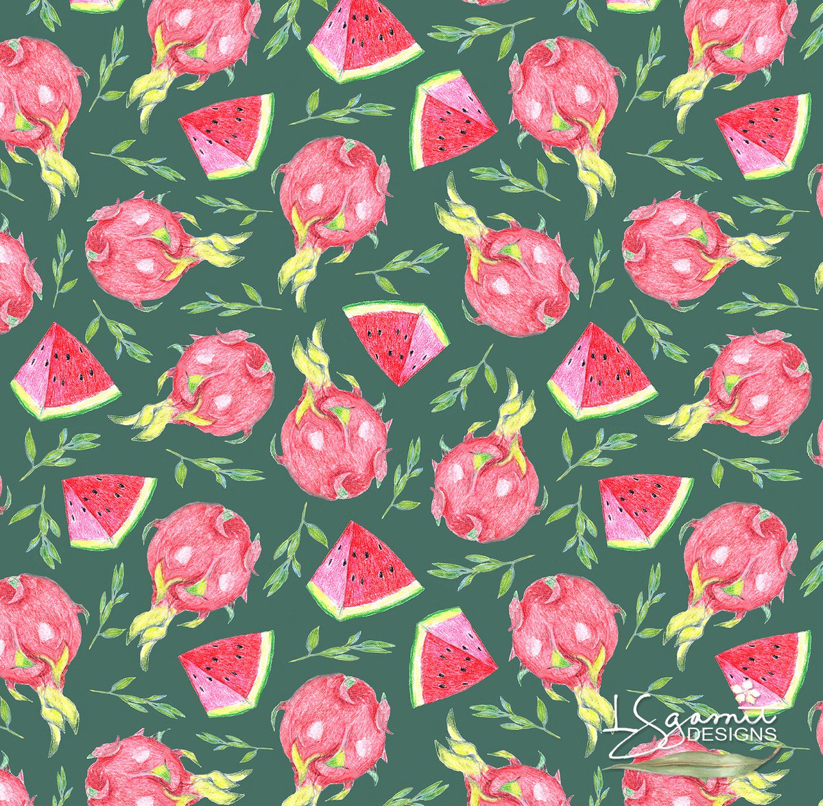 pixiesandlynn's tweet image. New pattern from my &quot;Dream Orchard&quot; collection---dragon fruit and watermelon slices 

#fruitpattern #fabricdesign #seamlesspattern #fooodillustration #prismacolor