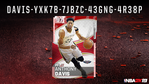 NBA2KMyTEAM's tweet photo. Locker Code 🚨 Introducing our #NBA2K20 cover athlete @AntDavis23 Use this code for a chance at a 💎 or PD Davis or up to 25 tokens 🔥 Available for one week! https://t.co/eacBPa79or