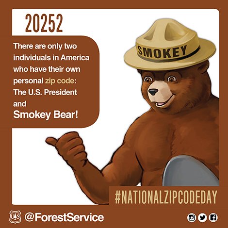 NFsNCarolina's tweet image. #DYK that when Smokey Bear lived in the National Zoo in Washington, D.C., he received so many weekly letters from fans that the U.S. Postal Service gave him his own zip code? You can still write to Smokey at his zip code, 20252! #ZipCodeDay