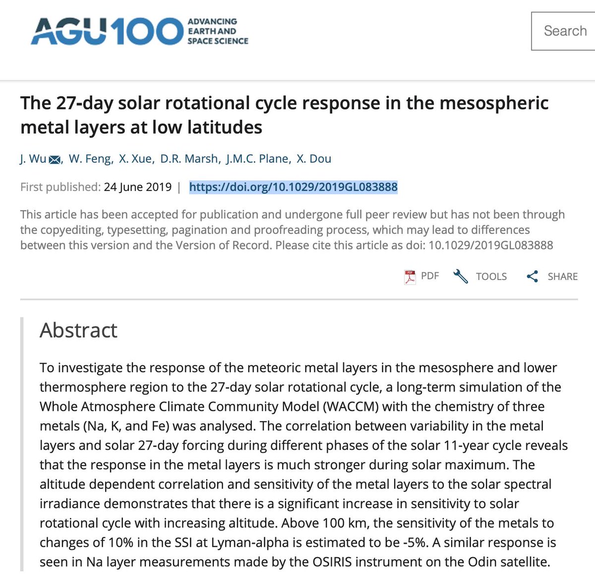 WWeijari's tweet image. The 27-day solar rotation is visible in the metal layers of the mesosphere. During solar maximum, the effect intensifies. doi.org/10.1029/2019GL… #solarforcing #climatechange