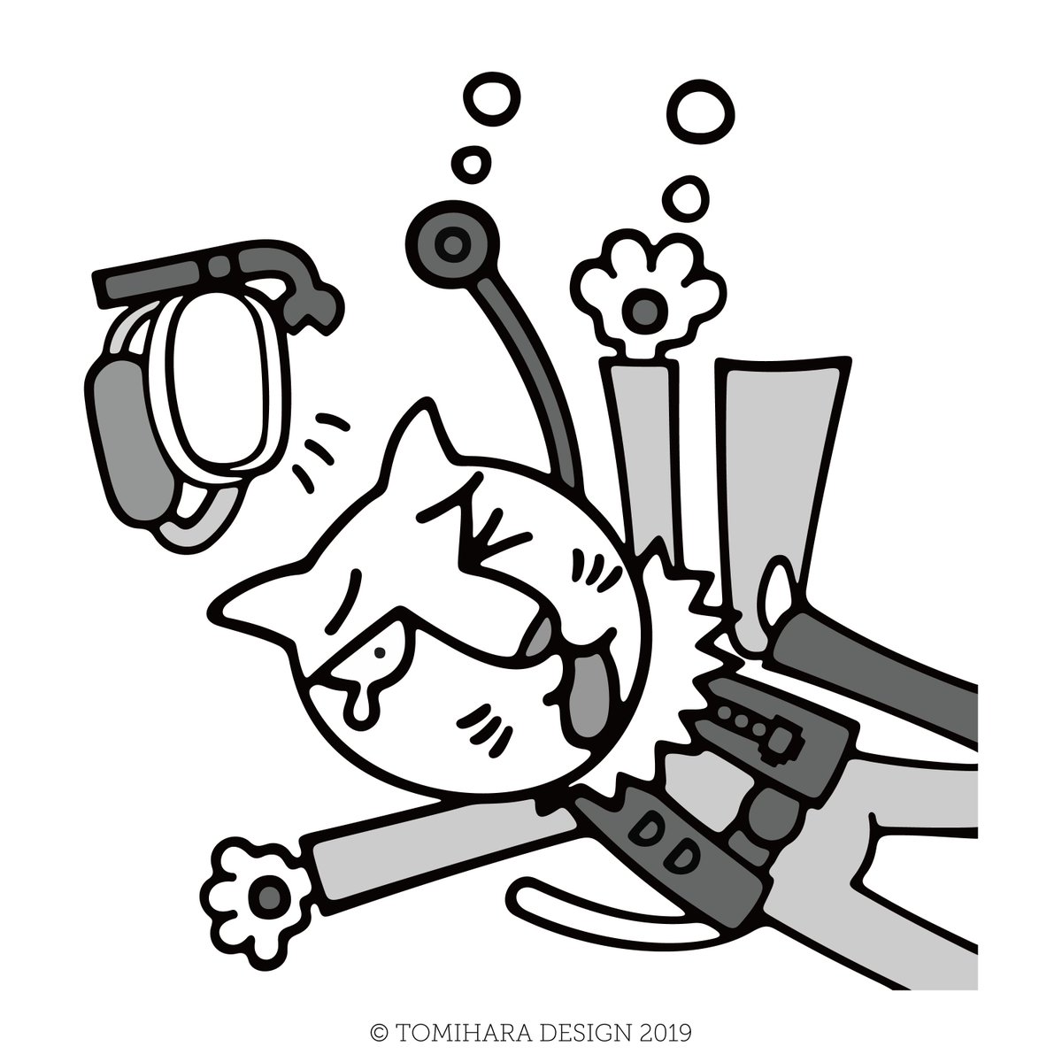 トミハラノゾミ 蹴らないでー ネコダイバーはバランスを崩して慌てたバディに蹴られた拍子にマスクとレギュレーターが外れてしまった Cat Diver Catdiver Scuba Diving Sketch Illustration ネコ ダイバー ネコダイバー ダイビング