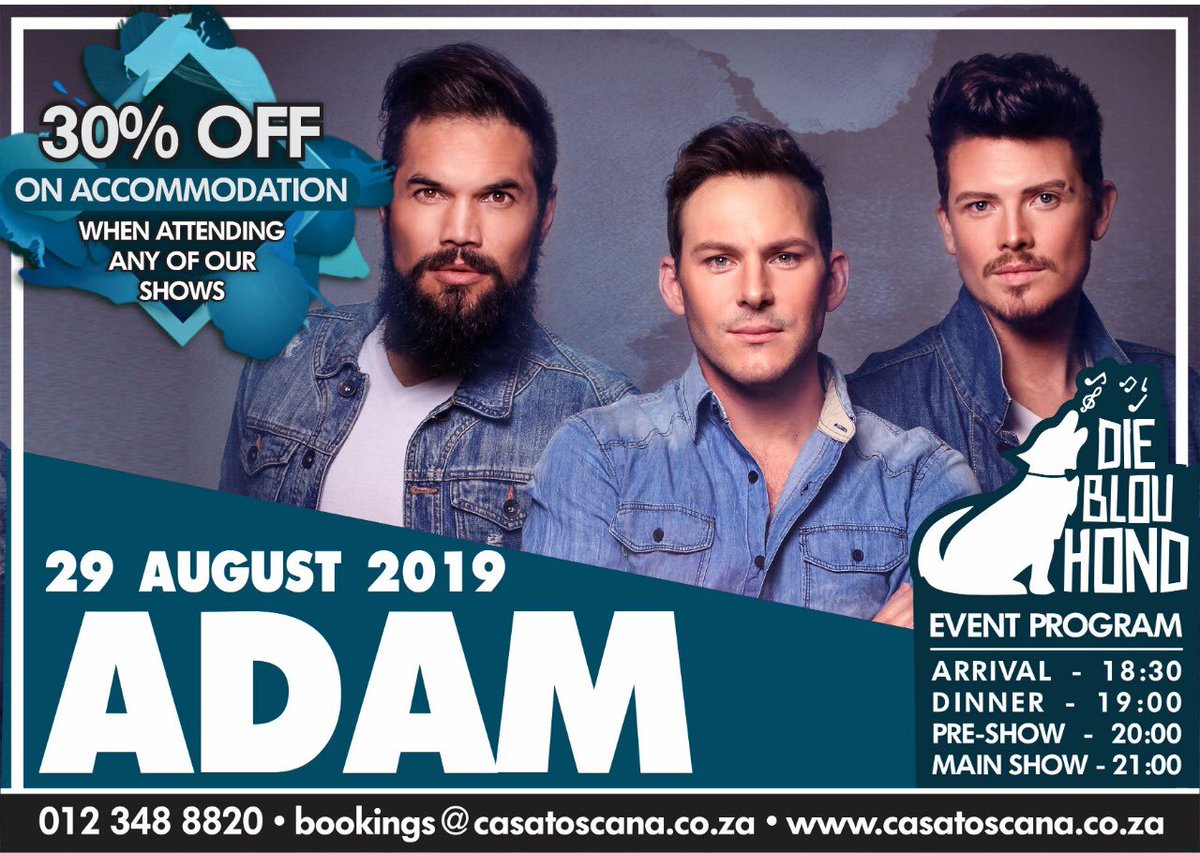 ADAM (@adamgroep) on Twitter photo Ons kom kuier weer in Pretoria!! Maak seker jy kry jou kaartjie vir ons show by die <a href="/DieBlouHondTuis/">Die Blou Hond</a> <a href="/CO_Productions/">CO_Productions</a> #newshow #adambandsa <a href="/KyleGrantSinger/">Kyle Grant</a> <a href="/Reynardthugo/">Reynardt Hugo</a> Ons kom kuier weer in Pretoria!! Maak seker jy kry jou kaartjie vir ons show by die <a href="/DieBlouHondTuis/">Die Blou Hond</a> <a href="/CO_Productions/">CO_Productions</a> #newshow #adambandsa <a href="/KyleGrantSinger/">Kyle Grant</a> <a href="/Reynardthugo/">Reynardt Hugo</a>