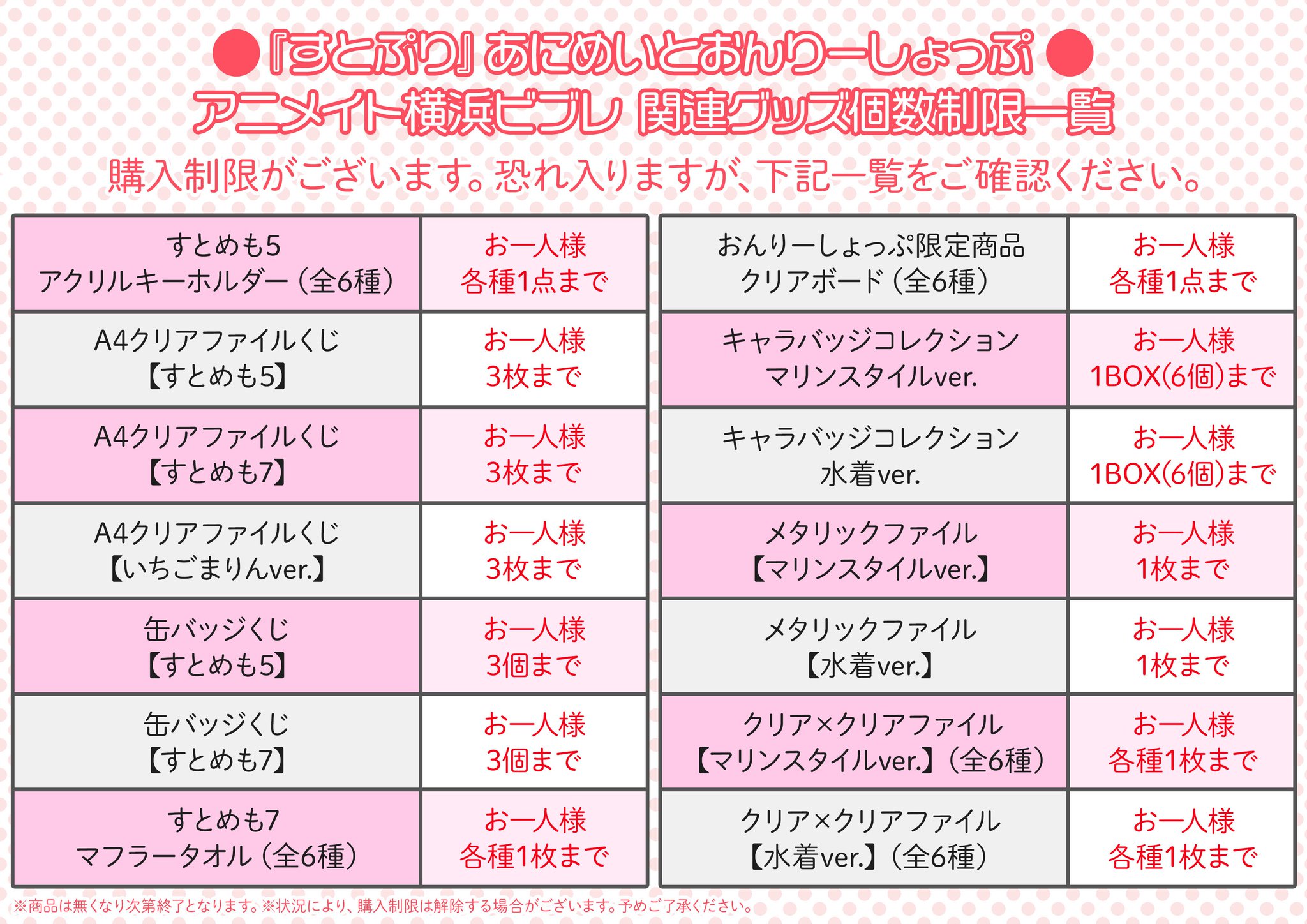 アニメイト横浜ビブレ 土日祝は10時 21時まで営業 お知らせ すとぷり あにめいとおんりーしょっぷ 横浜ビブレ店の関連グッズ購入制限についてご案内いたします 制限についての詳細は画像の表をご確認くださいませ T Co Jgdgypes72 アニメイト横浜ビブレ 土日祝は10時 21時まで営業 お知らせ すとぷり あにめいとおんりーしょっぷ 横浜ビブレ店の関連グッズ購入制限についてご案内いたします 制限についての詳細は画像の表をご確認くださいませ T Co Jgdgypes72