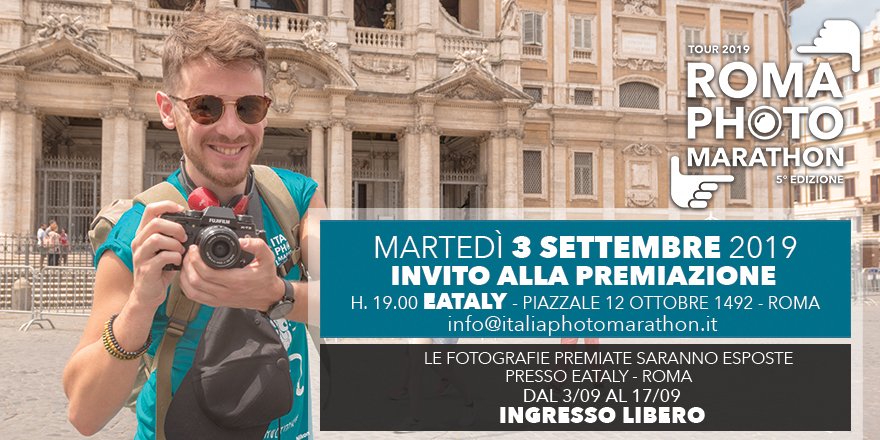 Pronti per conoscere i vincitori ✨🏆 della #RomaPhotoMarathon??
Siete tutti invitati martedì 3 Settembre presso <a href="/EatalyIT/">Eataly</a> - Piazzale 12 Ottobre 1492! 🤩
Le fotografie premiate saranno esposte presso Eataly, dal 3 al 17 Settembre 📸
INGRESSO LIBERO✌️