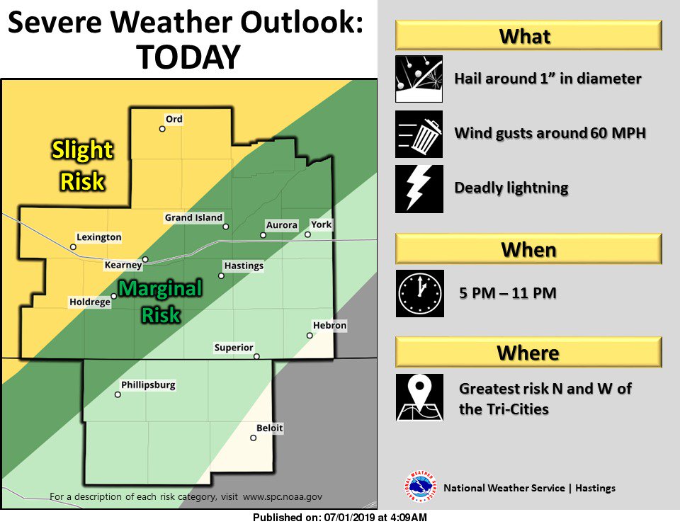 NWSHastings's tweet photo. Severe weather outlook for today. #GrandIsland #Kearney #Hastings, NE #NEwx #KSwx https://t.co/l4qE6a4wUx