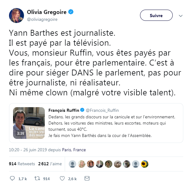 x_CousinHub's tweet photo. Faudrait qu'Olivia Grégoire songe à démissionner, elle vient de se prendre une sérieuse humiliation par François Ruffin, qu'elle a tenté de mousser.
Fav : 2,6k vs 18k
Si on examine les paies :
#Ruffin = le #Smic
#Grégoire = 6.000 balles par mois
#PLStotale #BouffonneUtile https://t.co/2FlWIrK3GX
