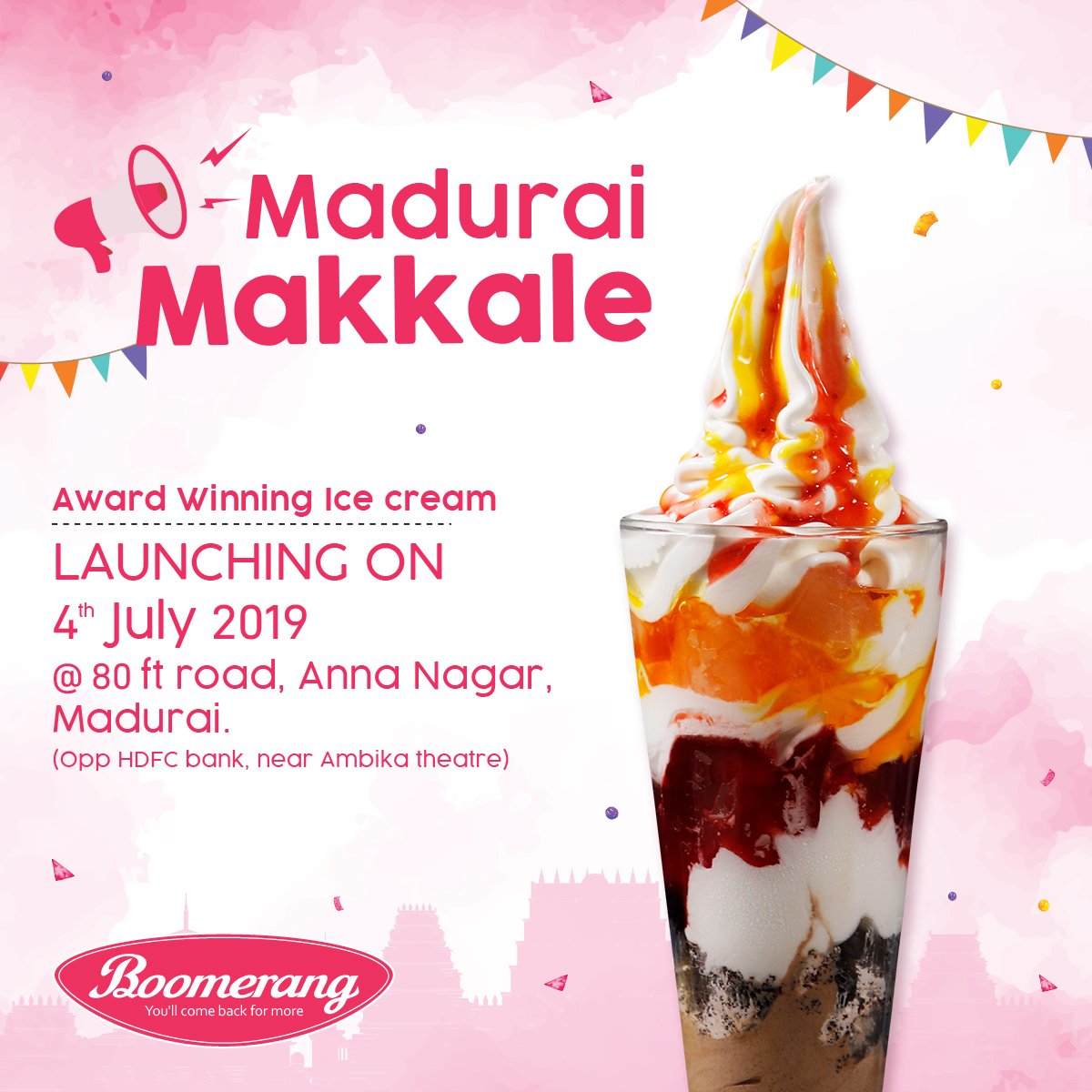 ILoveBoomerang's tweet photo. #Madurai Makkale, it’s time to pave way for some deliciousness! We are super excited to launch our brand new outlet at Madurai this 4th July. So, come and witness a whole new range of yummy &amp; delicious ice creams.
#boomerangmoments #comebackformore  #icecreamlove #boomerang https://t.co/qUUjUjK546
