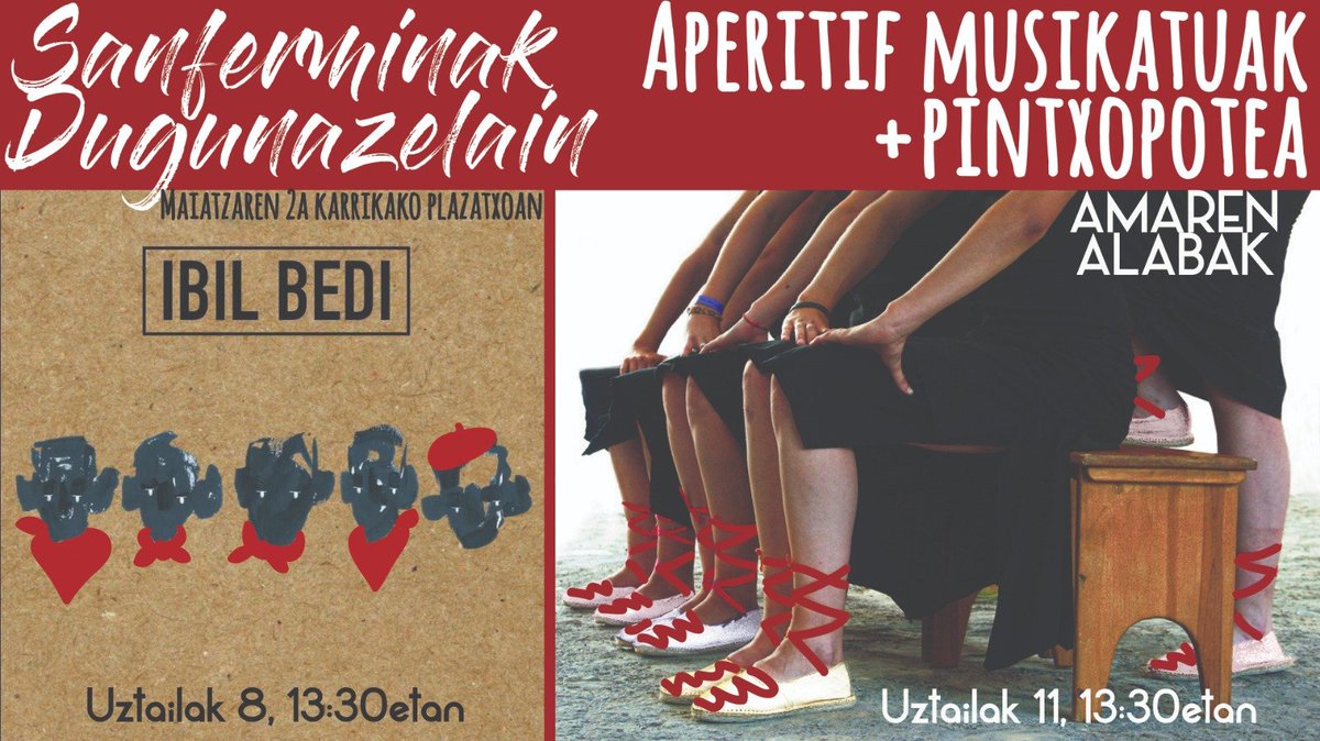 Sanferminak Dugunazelain, gure aperitif musikatuen programazioaren baitan, gogoratu! Uztailaren 8an, 13:30etan gurekin izanen da modako taldea: <a href="/ibilbedi/">ibil bedi</a>. Uztailaren 11an berriz, ordu berean, Sanferminetako burrunbaz pausatzeko aukera #AmarenAlabak-en doinu goxoekin.+Pintxo-potea