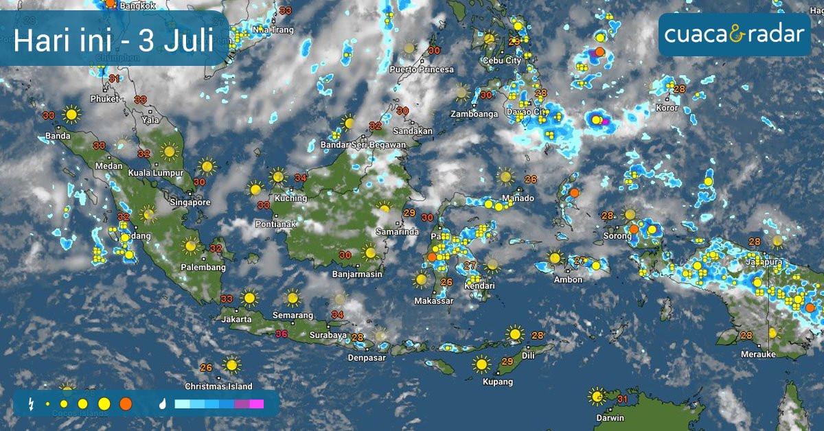 cuacadanradar's tweet photo. #PrakiraanCuaca untuk #Indonesia hari ini: Diprediksi #hujan yg disertai #petir dominan di #Papua, #Maluku, #MalukuUtara &amp; #Sulawesi. Sdg di #Kalimantan, #Sumatra &amp; #Jawa diperkirakan #cerah #berawan. Di #Bali, #NTB &amp; #NTT diperkirakan turun hujan. #Suhu maksimal bisa capai 36°C! https://t.co/QxKz7w0zSc