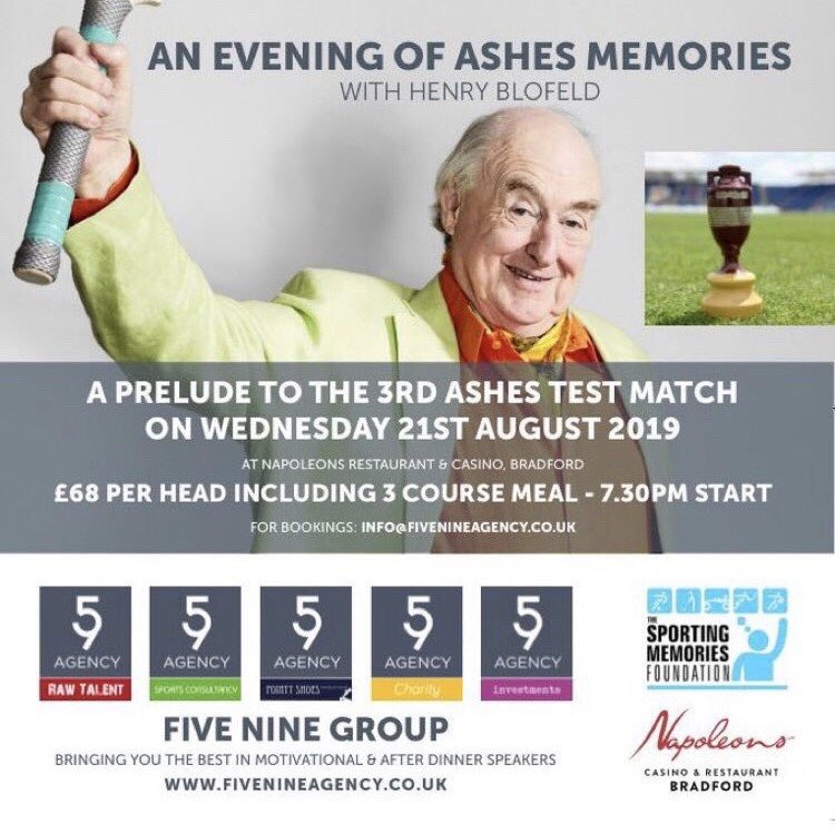 EVENT NEWS: My Dear Old Things! A chance to spend the evening before the Headingley Ashes Test with the legendary Henry Blofeld <a href="/blowersh/">Henry Blofeld</a> Raising funds for <a href="/SportsMemNet/">Sporting Memories</a> Contact <a href="/FIVENINE_AGENCY/">FIVE NINE AGENCY</a> for tickets Info@fivenineagency.com #Ashes #Leeds #Bradford #CWC2019 <a href="/cricketyorks/">Cricket Yorkshire</a>