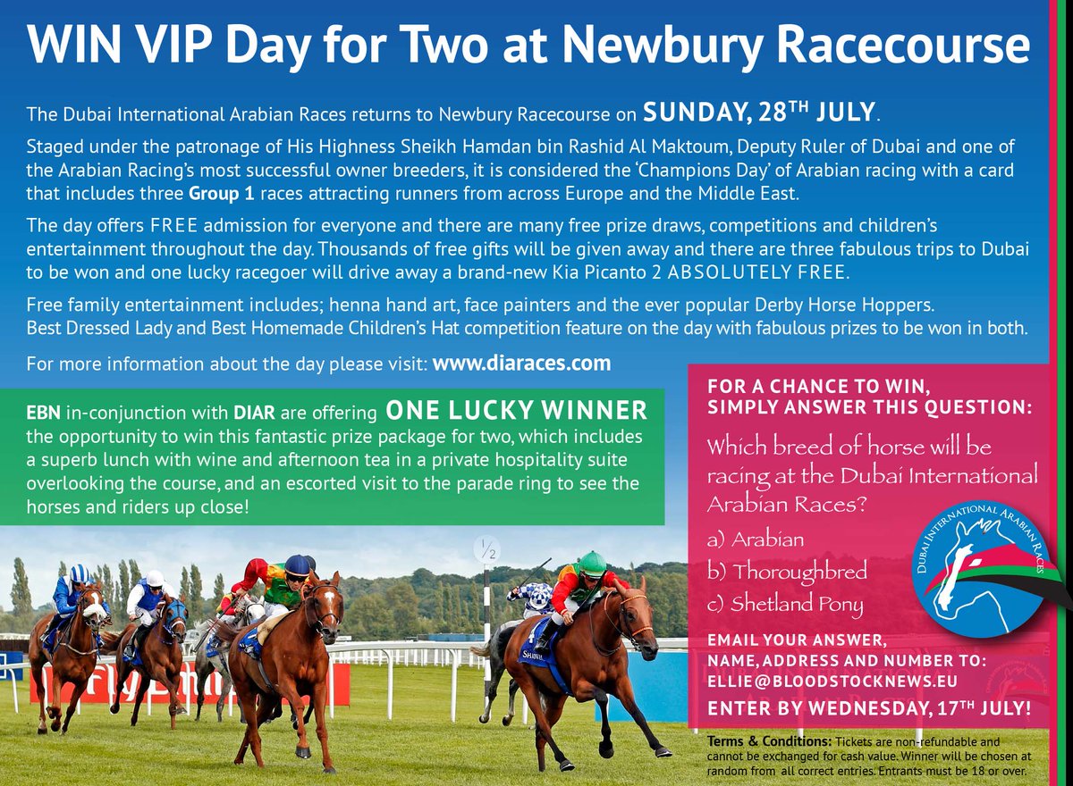 bloodstocknews's tweet photo. 🌟WIN a VIP Day for Two at @NewburyRacing!

📆The Dubai International Arabian Races returns to Newbury Racecourse on Sun 28th July.

EBN are offering ONE LUCKY WINNER the opportunity to win this fantastic prize package for two!

👇Answer the question below to be in with a chance! https://t.co/xi2gvHCxyd
