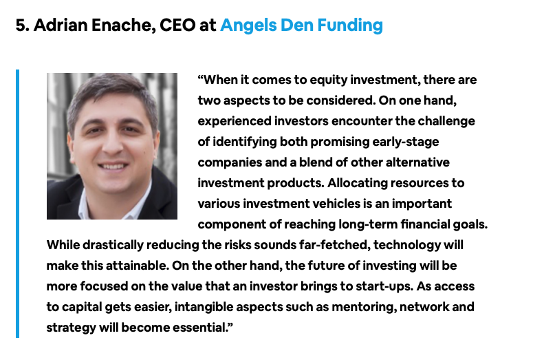 jollygoodcomms's tweet photo. Great insight into the future of investing from @adrianenache87 of @AngelsDen https://t.co/CtrY4CRe0F @DisruptorDaily #MondayMotivation https://t.co/u1ejExijE6