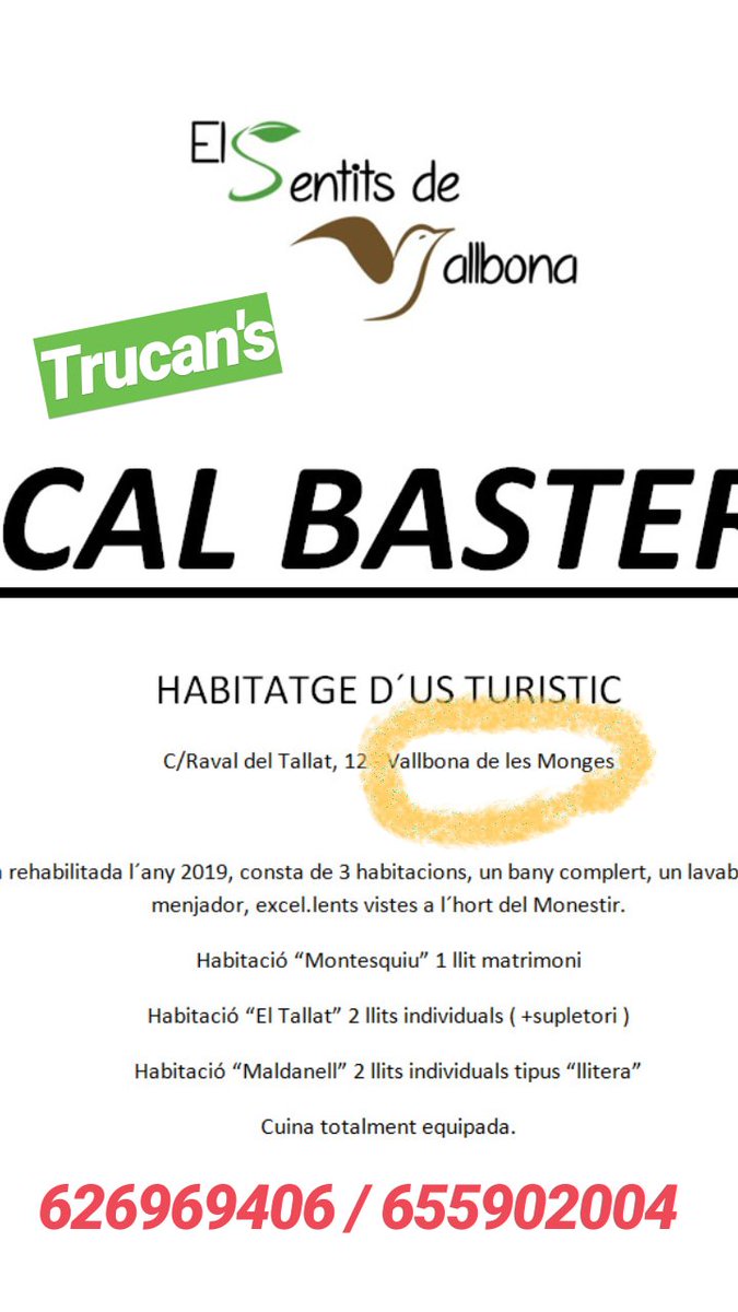 Estem a punt d'obrir l'allotjament turístic Cal Baster, a Vallbona de les Monges. M'ajudeu a difondre aquest projecte personal？😉 Ja ens podeu demanar informació per a la vostra estada.