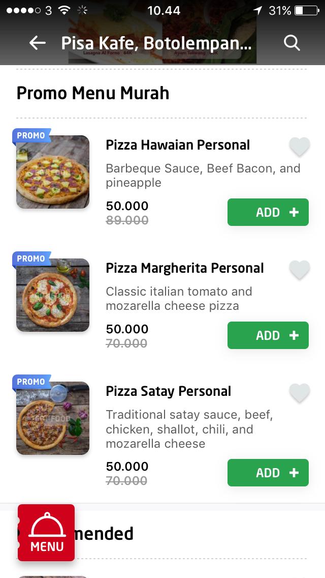 Nikmati  promo harga special dari kami, pizza personal hanya Rp.50.000,-  berlaku  via Go-Food. Tersedia dalam berbagai variant pilihan. segera  di order  sebelum promo berakhir.

Pisa Kafe Makassar 
Jl. Boto Lempangan No.58   
Telp : 0411 - 3638888