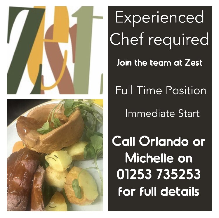 We have a vacancy <a href="/zestLytham1/">@zestLytham</a> for an experienced Chef to join our team. Call 01253 735253 for full details or pop in.
