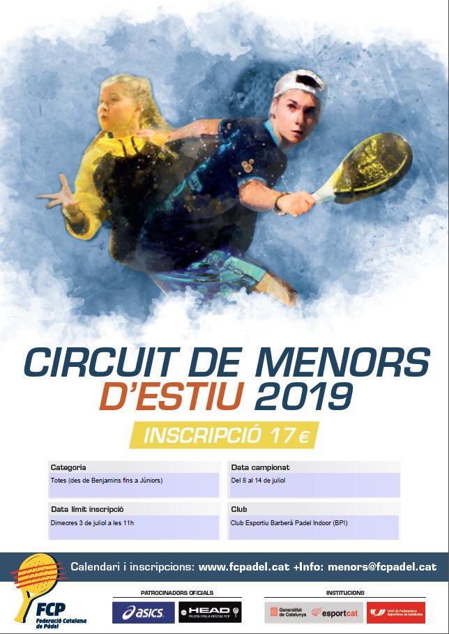 ⚠️ Aquest estiu gaudeix-lo jugant a #pàdel .....

🆕 Circuit de #MenorsFCP d’ Estiu 2019
👥 De benjamins a juniors 
📅 Del 8 al 14 de Juliol
📍<a href="/BarberaPadelBPI/">BPI</a> 
🖌 Limit Inscripció 3/07/19 a les 11h

Viu un estiu diferent 👍👍
