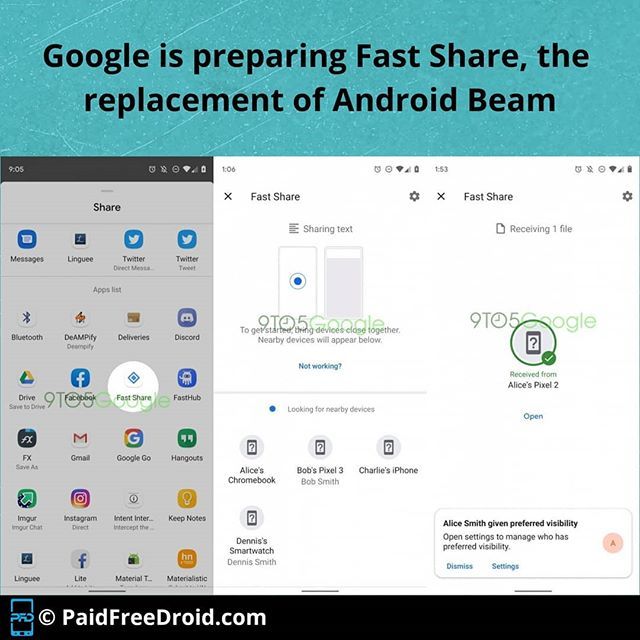 PaidFreeDroid's tweet image. Fast Share is currently available on Android Q  Pixel smartphones.

Will be available later to other devices running Android-Q.

Photo Credit: @9to5Google

Tags - #Google #FastShare 1fd.in/321qWVj